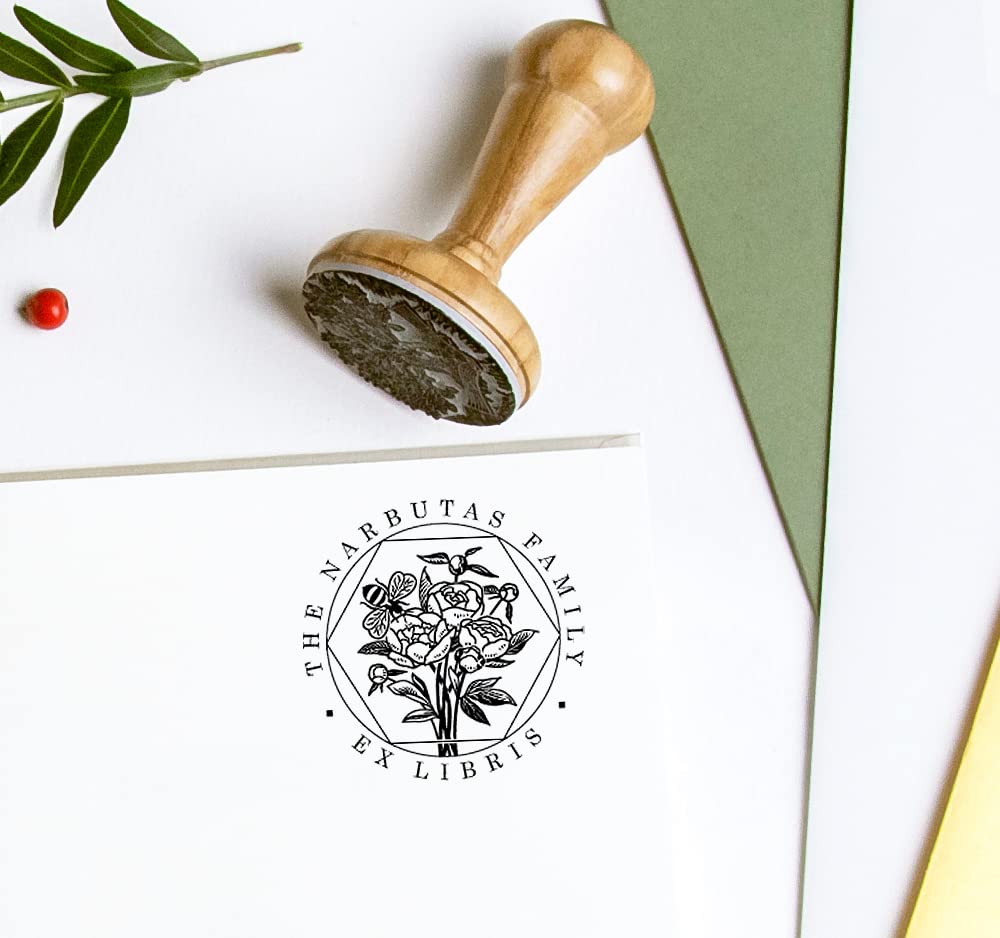 Peonia Ape Ex libris Timbro Personalizzabile, Bouquet Fiori Nido d'Ape Bordo Esagonale Hexagon, Fatto a Mano Legno in Scatole Regalo