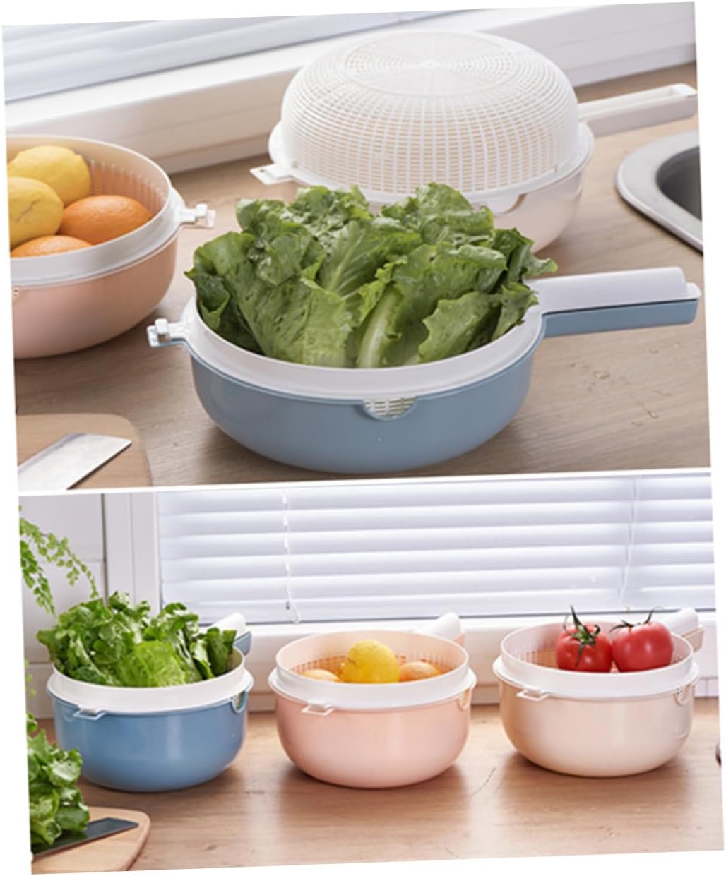 2pcs Double Layer Portable Drain Basket Handle Versatile Fruit and Vegetable Washing Colander for Quick Drying and Storage Blue