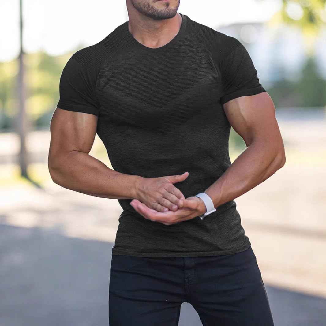 Men's Raglan Sleeve Textured Chest Panel Crew Neck Short Sleeve T-Shirt Perfect for Gym and Casual Wear