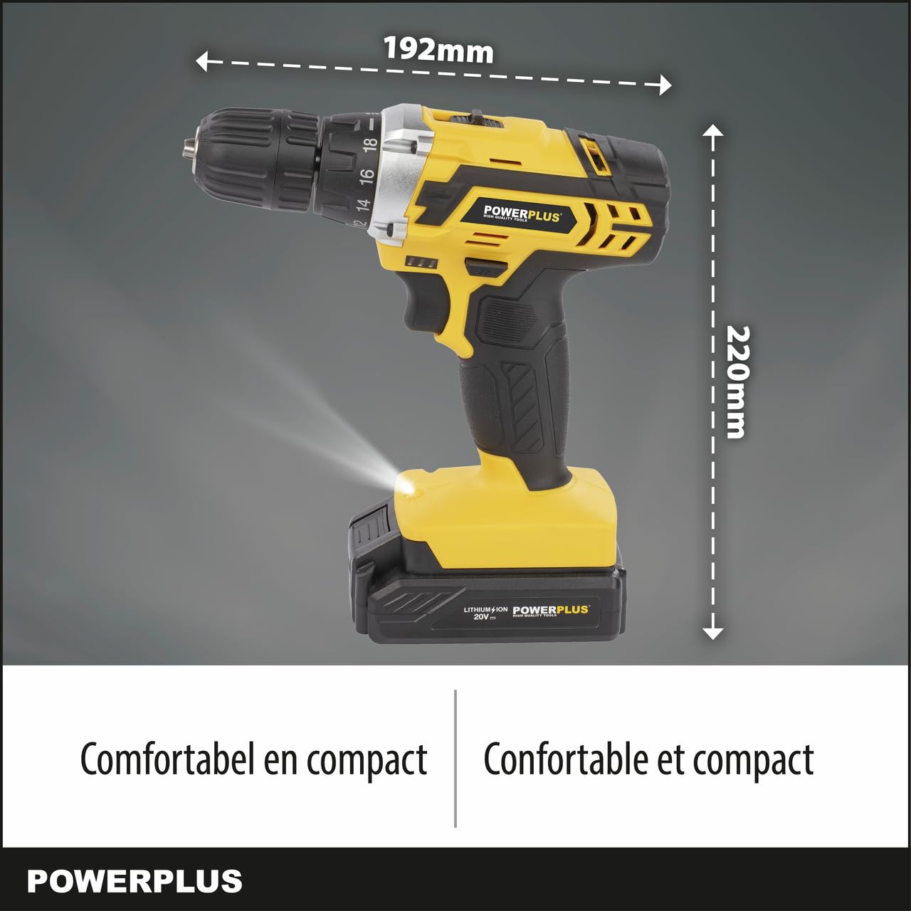 Powerplus Avvitatore a batteria e trapano POWX00830-20 V, con 2 batterie da 20 V e caricabatterie, cassetta degli attrezzi da 134 pezzi con punte per avvitatore, per legno, pietra e metallo