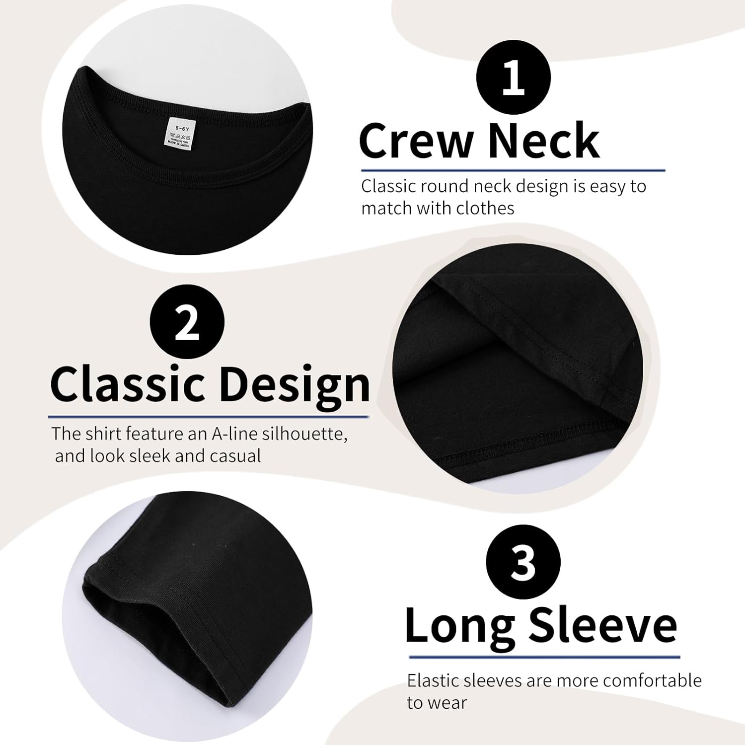 3-Pack Boys' Long Sleeve Shirts Kids Basic Long Sleeve Tees Toddlers' Crew Neck Soft Fall Tops - Image 5