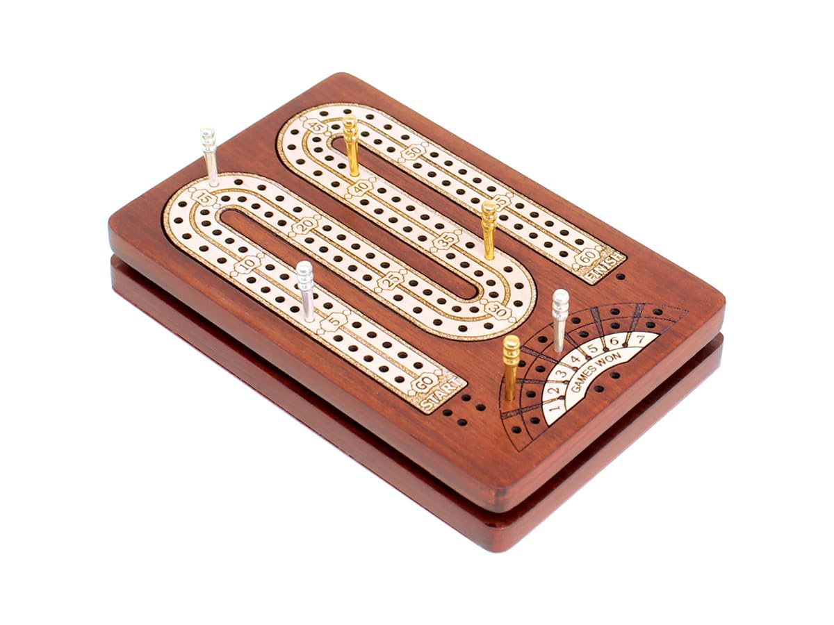 House of Cribbage - 2 Track - Wooden Travel - Pocket Size Cribbage Board - Size: 4.75 Inch - Storage Space for Cribbage Pegs - Score Marking Fields