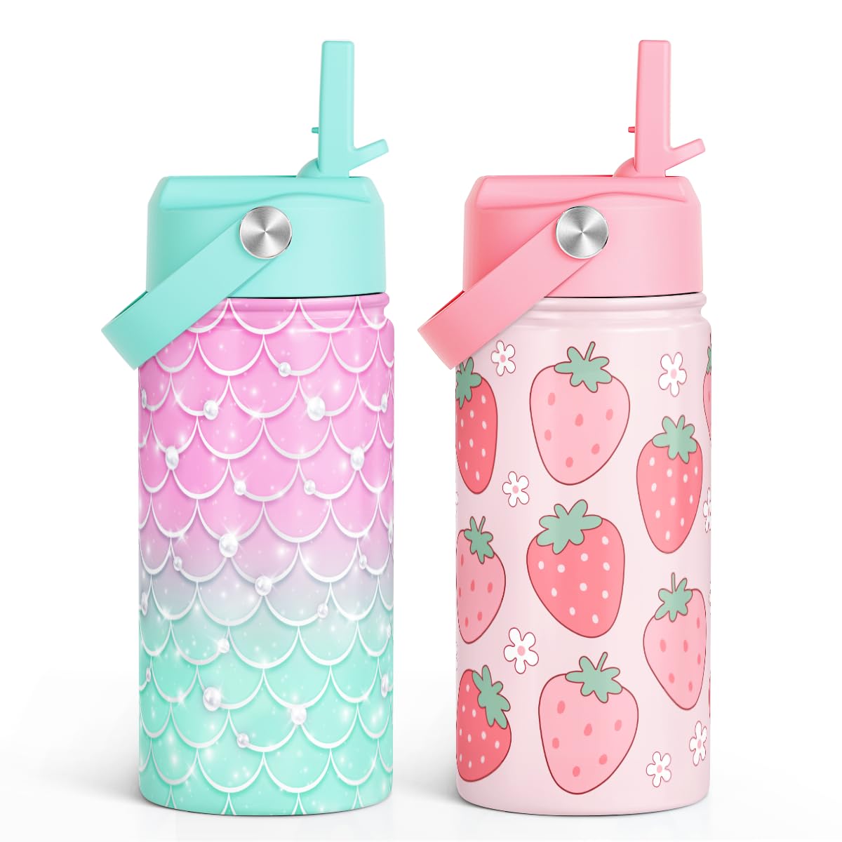 SANDJEST Kids Water Bottle with Straw Lid, Pack of 2 Insulated 12 Oz Stainless Steel Water Bottles for Girls, Travel Cup for School Sports, Mermaid - Strawberry