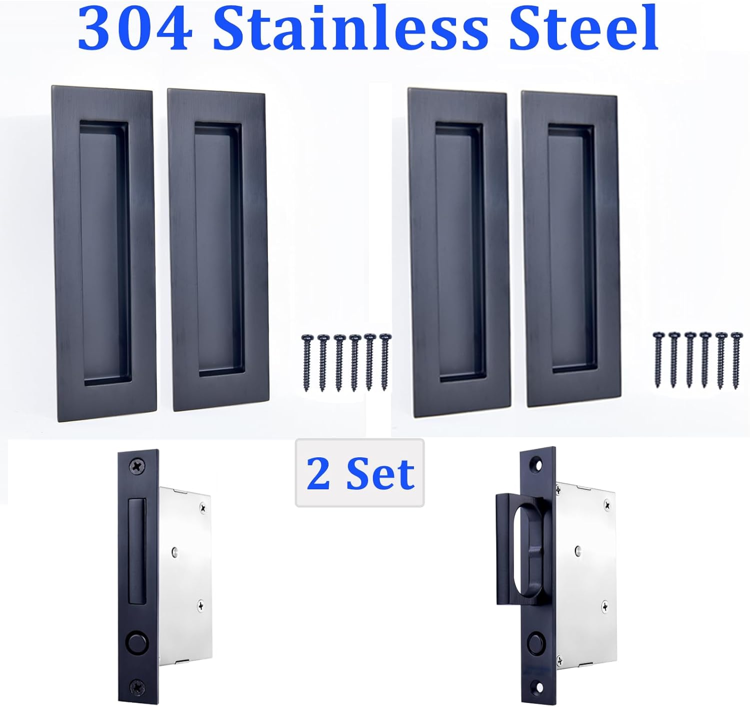 Dontay Sliding Pocket Door Handles, 304 Stainless Steel Non Locking Pocket Door Hardware, Recessed Flush Finger Pulls, Heavy Duty Edge Pull with Pop Out Ring Pull (Matte Black (2 Set), 4.72 Inch)