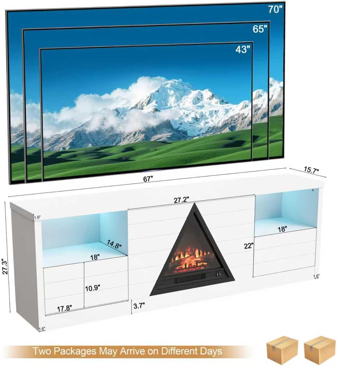 LIDYUK TV Stand for Living Room, 67" Fireplace TV Stand Fits TVs up to 75", Modern Media Console & Entertainment Center with Open Shelves and Drawers, Electric Fireplace with LED Flame, White - Image 2