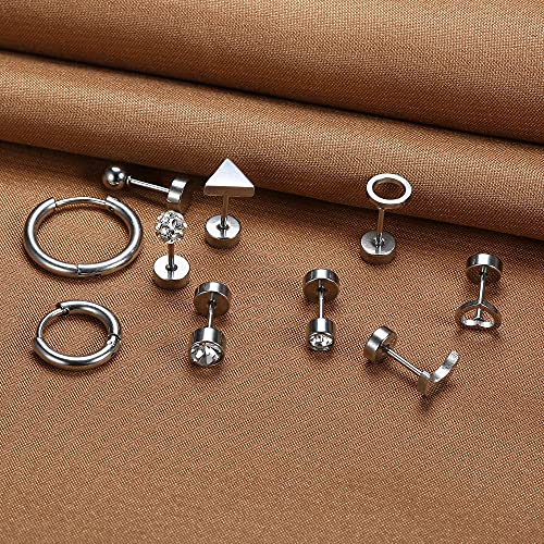 Lolias 21 Pairs Cartilage Earrings Stud Hoop Gold Studs 18K Stainless Steel Screw Flat Back Earrings Hoop Earrings For Cartilage Tragus Daith Helix Ear Piercing Set,Silver #TOP6