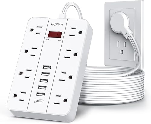 HUNIAN - Cable de extensión de 10 pies de largo, regleta de alimentación con 8 tomas ampliamente espaciadas, 6 USB, estación de carga de montaje en