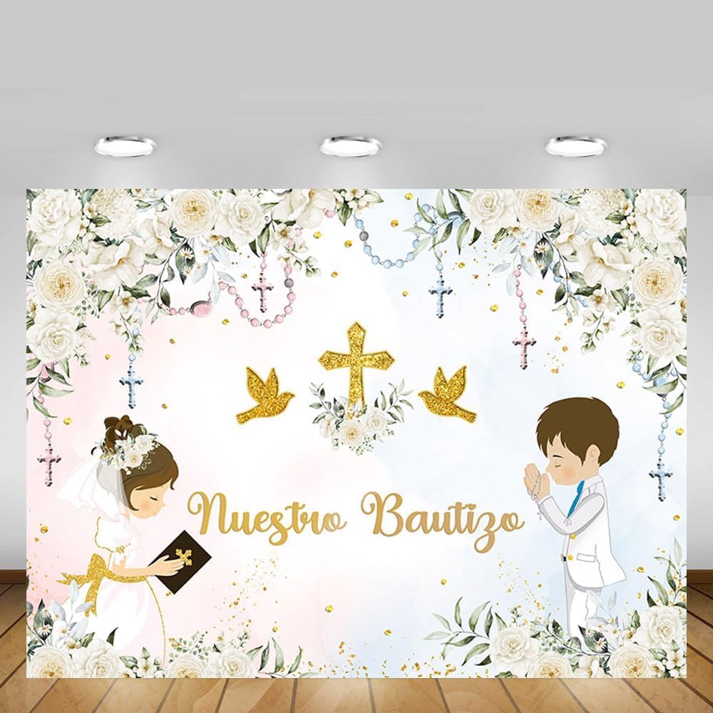 MEHOFOND Floral Nuestro Bautizo Baptism Backdrop for Boy and Girl Siblings First Holy Communion Banner God Bless Christening Party Photography