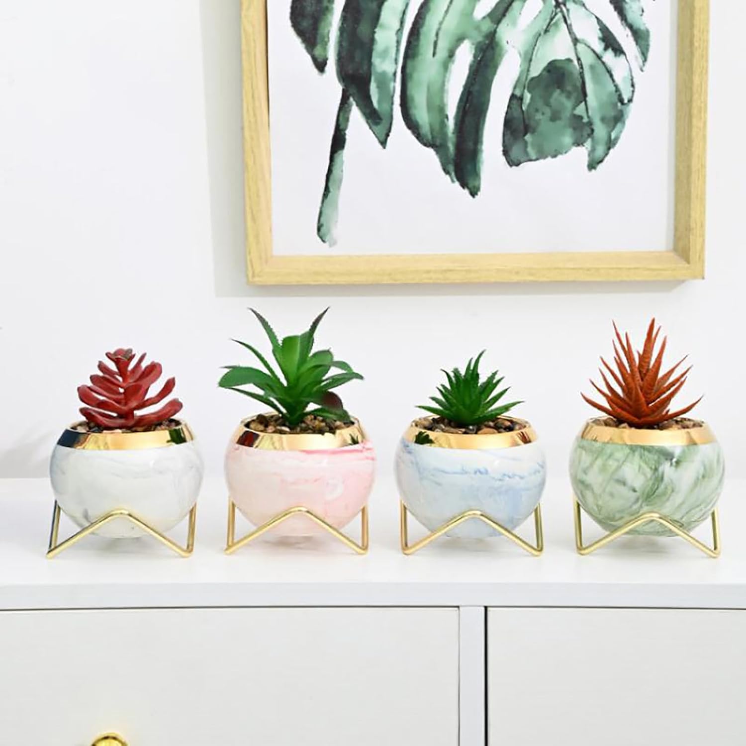 Simcat Succulent Pots with Drainage and Stands Mini Ceramic Flower Pot 4 Cactus Planter Pots Modern Round Succulent Plant Pots for Home Office Desktop Windowsill Décor (Patterned,4)