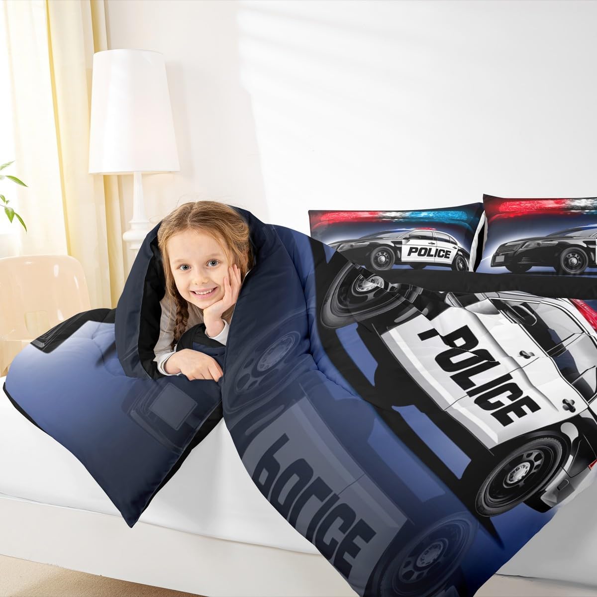 Erosebridal Police Car Comforter Sets Queen Size,Policeman Vehicle Bedding Set For Kids Boys Children,Red Blue Cop Lights Down Comforter Geometric Graphics Duvet Sets Bedroom Decor With 2 Pillow Cases