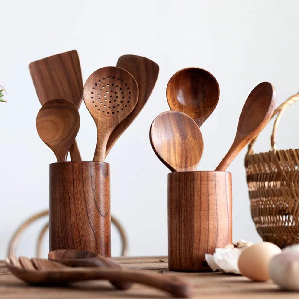 Thailand - Juego de 8 cucharas de madera natural de teca, cucharón volteador, colador de arroz, sopa, espumador, cucharas de cocina, cuchara de cocina