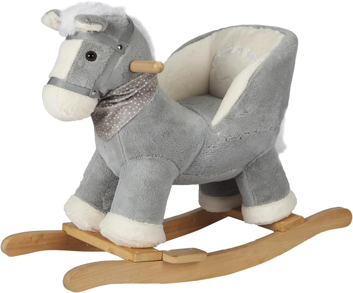 Rocking Gray Horse with Chair, Plush Stuffed Rocking Pony with Realistic Sound, Baby Rocker Animal for Toddlers 1-3 Ride on,CPC Certified