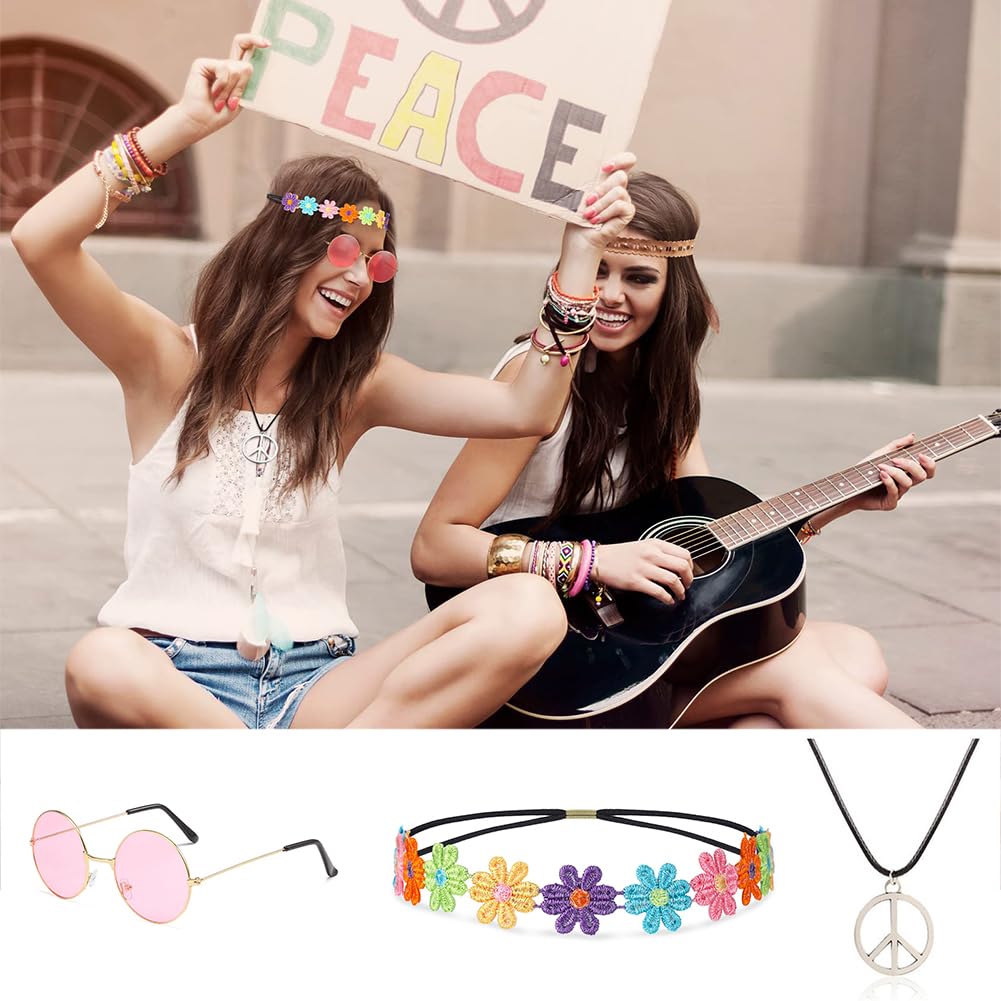 Set Accessori Hippie Anni '60 - Occhiali Vintage, Collana Pace, Fascia Capelli, Per Feste A Tema