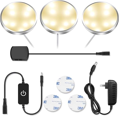 YGS-Tech Luces LED de disco, iluminación debajo del gabinete, borde plateado, 3000 K blanco cálido, CRI90+, atenuación táctil, todos los accesorios