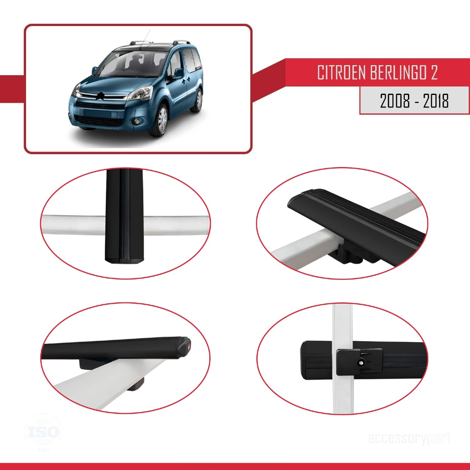 Kompatybilny z Compatible with Citroen Berlingo 2 (B9) 2008-2018 BASIC Model Aluminiowy bagażnik dachowy 4 poprzeczki, czarne