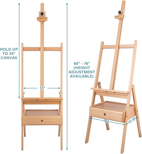 Miniatura 2 de Caballete de Estudio Grande de Madera con Marco en H, Soporte de Caballete de Haya Maciza con Cajón de Almacenamiento, Altura Ajustable a 34