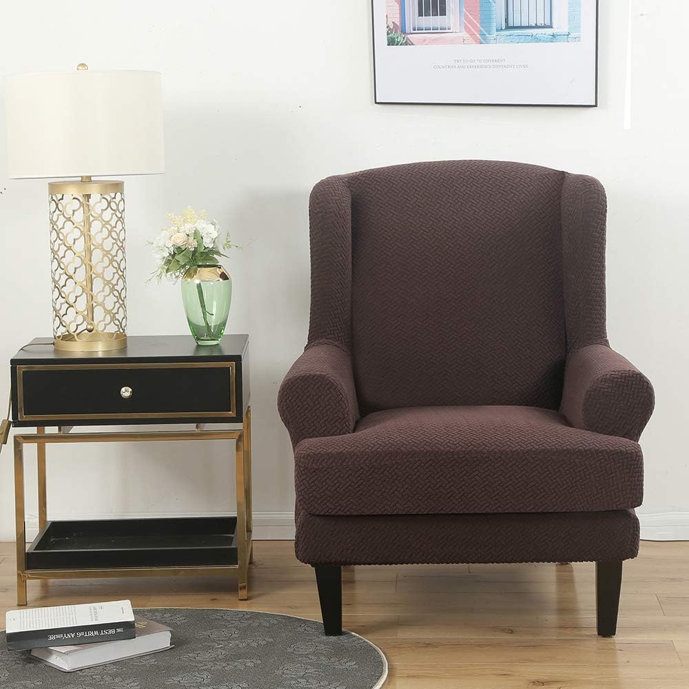 ele ELEOPTION Stretch Wingback Sofa Chair Cover, Knitted Solid Color 2-Piece Sofa Cover, Armchair Slipcover Furniture Protector Couch Super Soft Slipcover Machine Washable (Coffee)