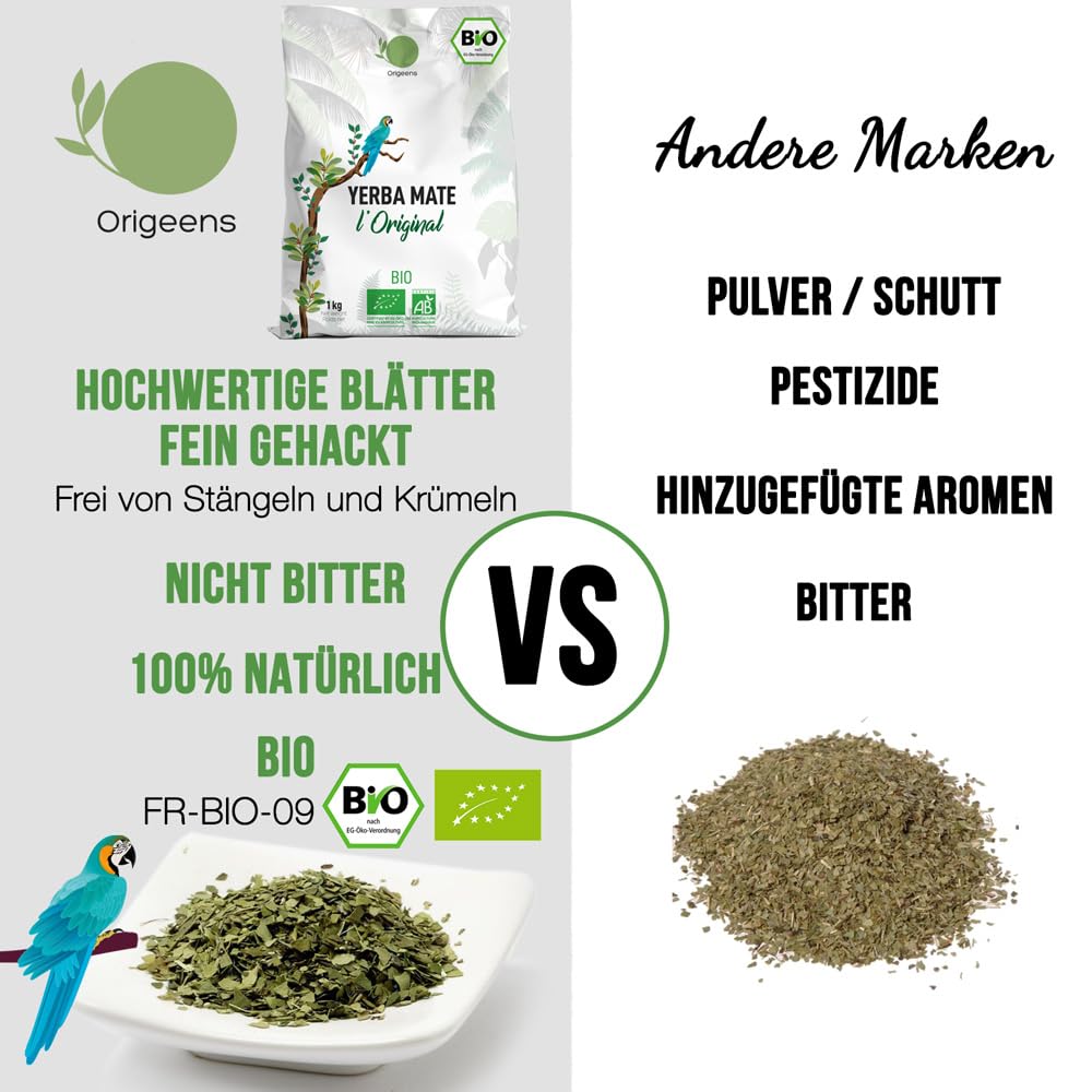 ORIGEENS BIO YERBA MATE TEE 1 KG - Das Original I Bio Yerba Mate Handgepflückt, Ungeröstet - Blätter, Frei von Stängeln, Staub und Krümeln - Energie- und Detoxgetränk (Original 1k)