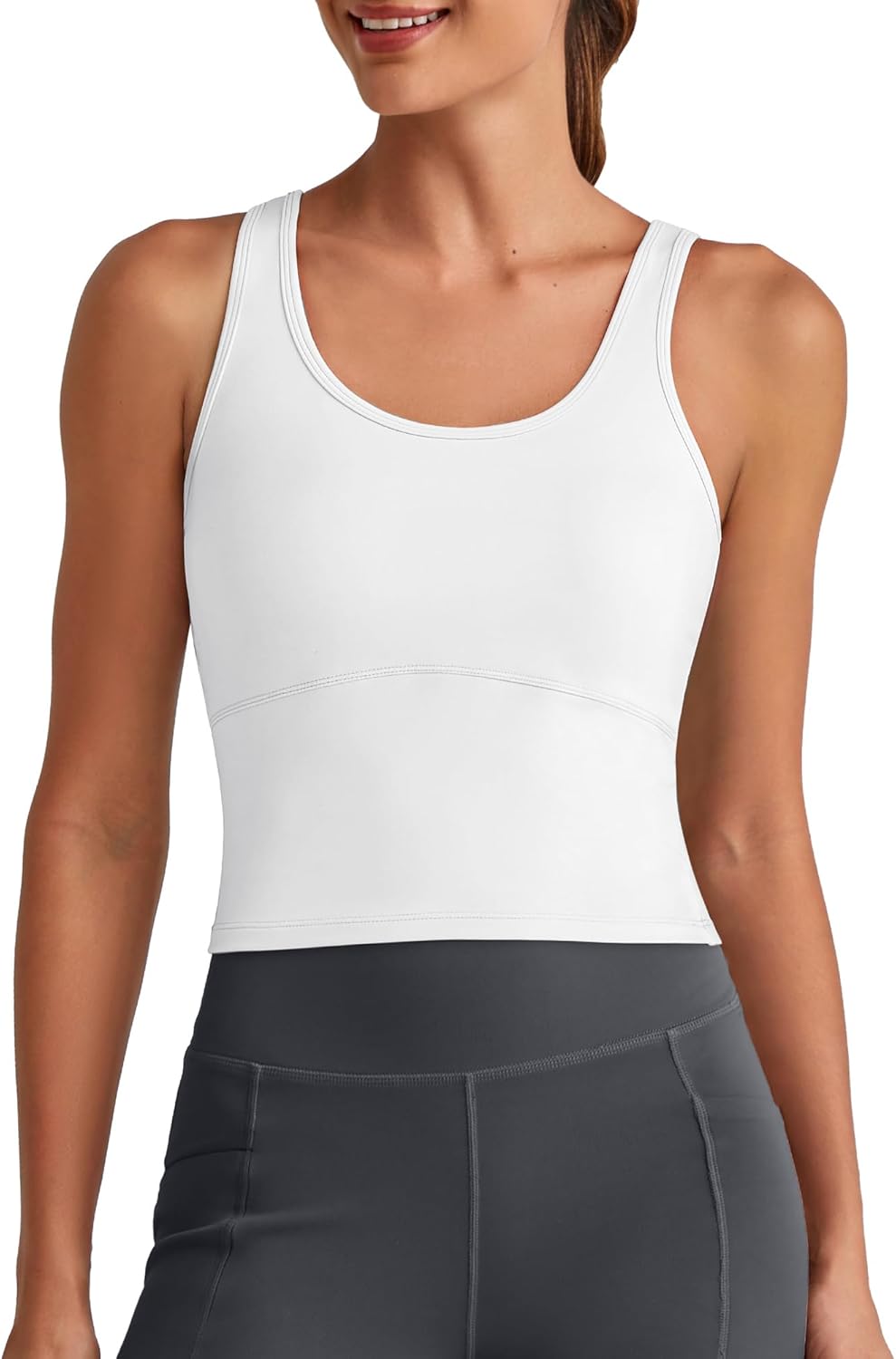 G4Free BareFeel Built in Bra Workout Tank Tops Removable Padded Longline Sports Bras Waist Length Athletic Tanks