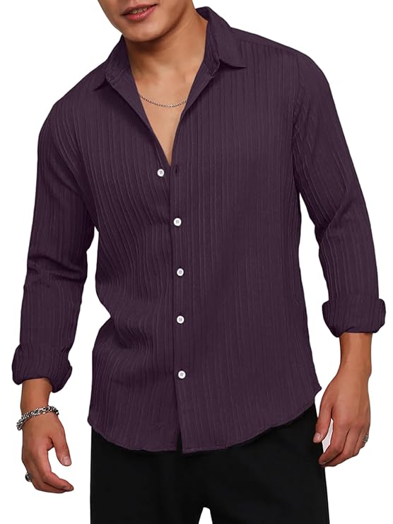 FINIVO FASHION Men's Casual Cotton Striped Button Down Shirts Long Sleeve Textured Summer Beach Shirt for Men