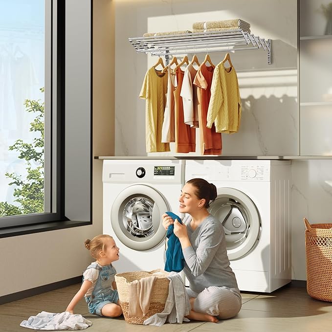 Image of Omega-Pro Stainless Steel Foldable Cloth Dryer Stand Double Rack Cloth Stands for Drying Clothes Steel [ Cross ] (WALL Mount)