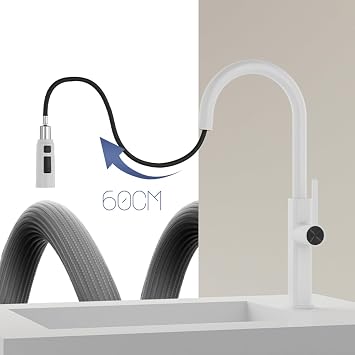 XJTNLB Kitchen Sink Taps with Pull Out Spray Gooseneck Kitchen Tap with Pull Out Hose White 3 Modes Spray Head
