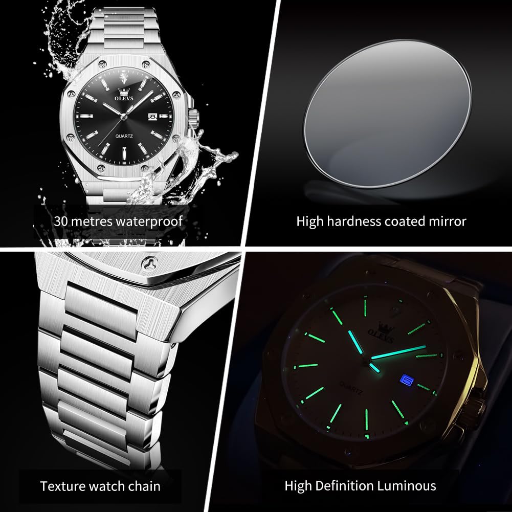 OLEVS Herren-Armbanduhr, Edelstahl, Business-Kleid, groß, leicht zu lesen, analog, wasserdicht, leuchtend, lässig, luxuriös, Herrenuhr