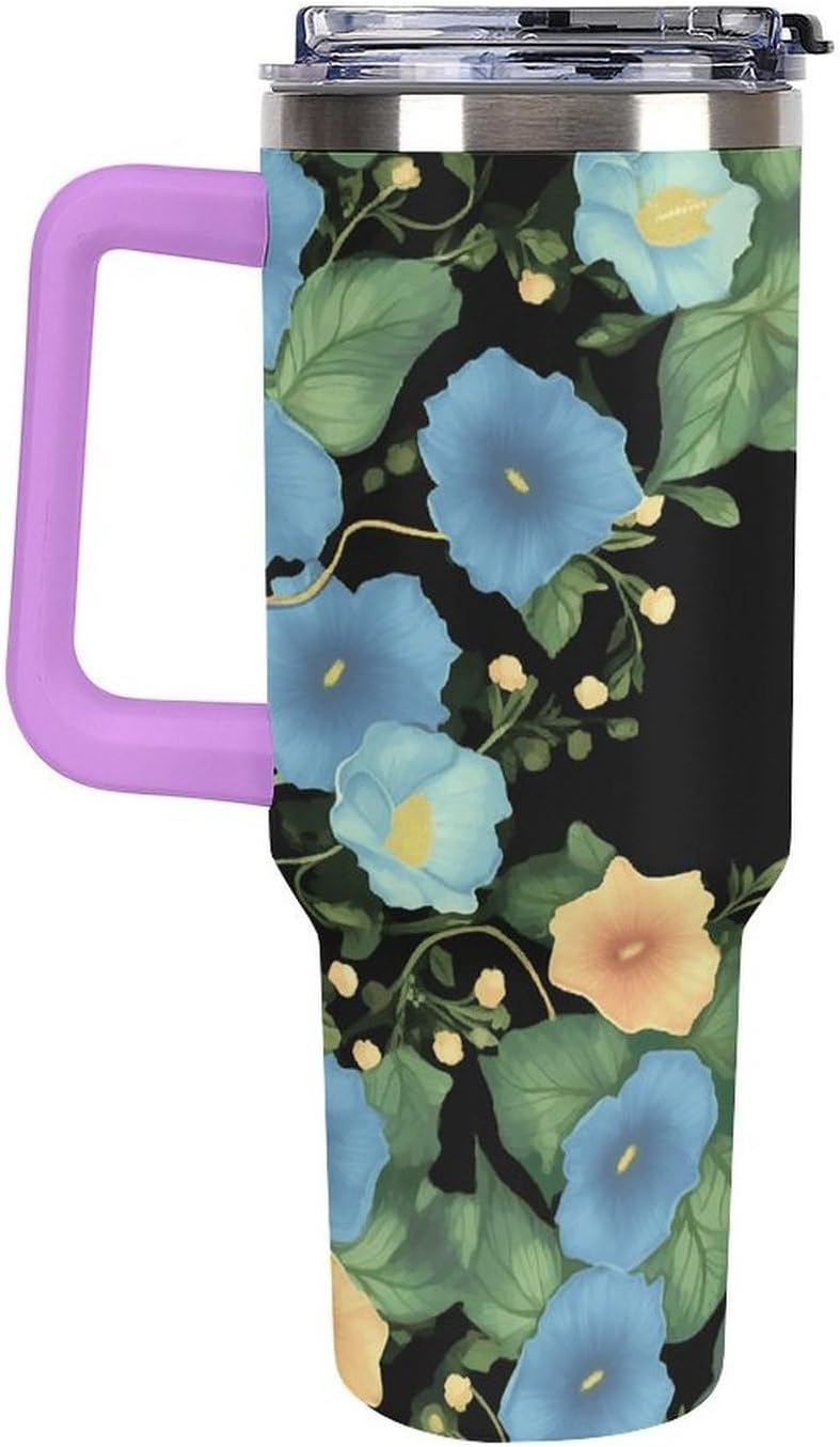 Large Car Cup with Handle&Lid Fashion Morning Glory Tumbler Sturdy Insulated Water Bottle Stainless Steel Vacuum Travel Mug Portable Coffee Cup for Home Outdoor 40 Oz Violet-style
