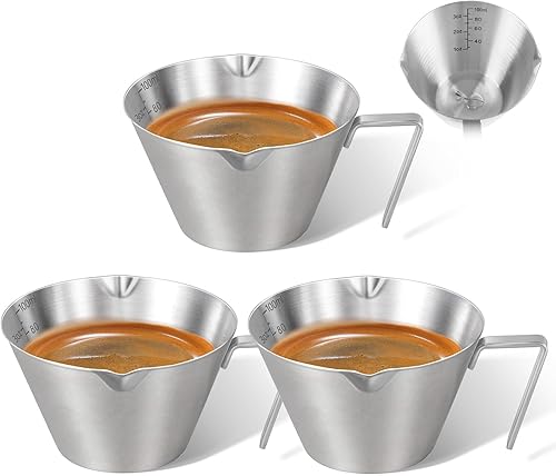 Miniatura 17 de 2 piezas de tazas de espresso de acero inoxidable con asa, taza medidora de metal de doble boquilla con doble escala, taza de espresso con boca en