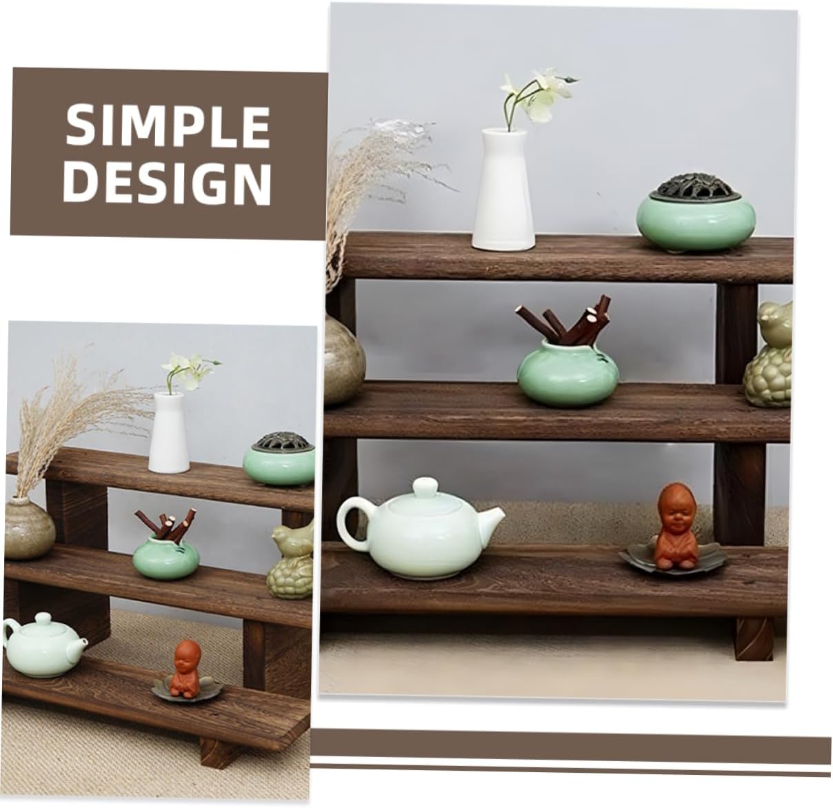 Tiered Wooden Display Stand Figures and Succulents Rustic Storage Rack for Desktop Collectibles Vintage Style Organizer for Small Spaces