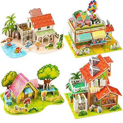 4 Pieces 3D House Puzzle Building Puzzle House Jigsaw Puzzle Paper Model Kit Puzzle DIY Arts for Adults Teens