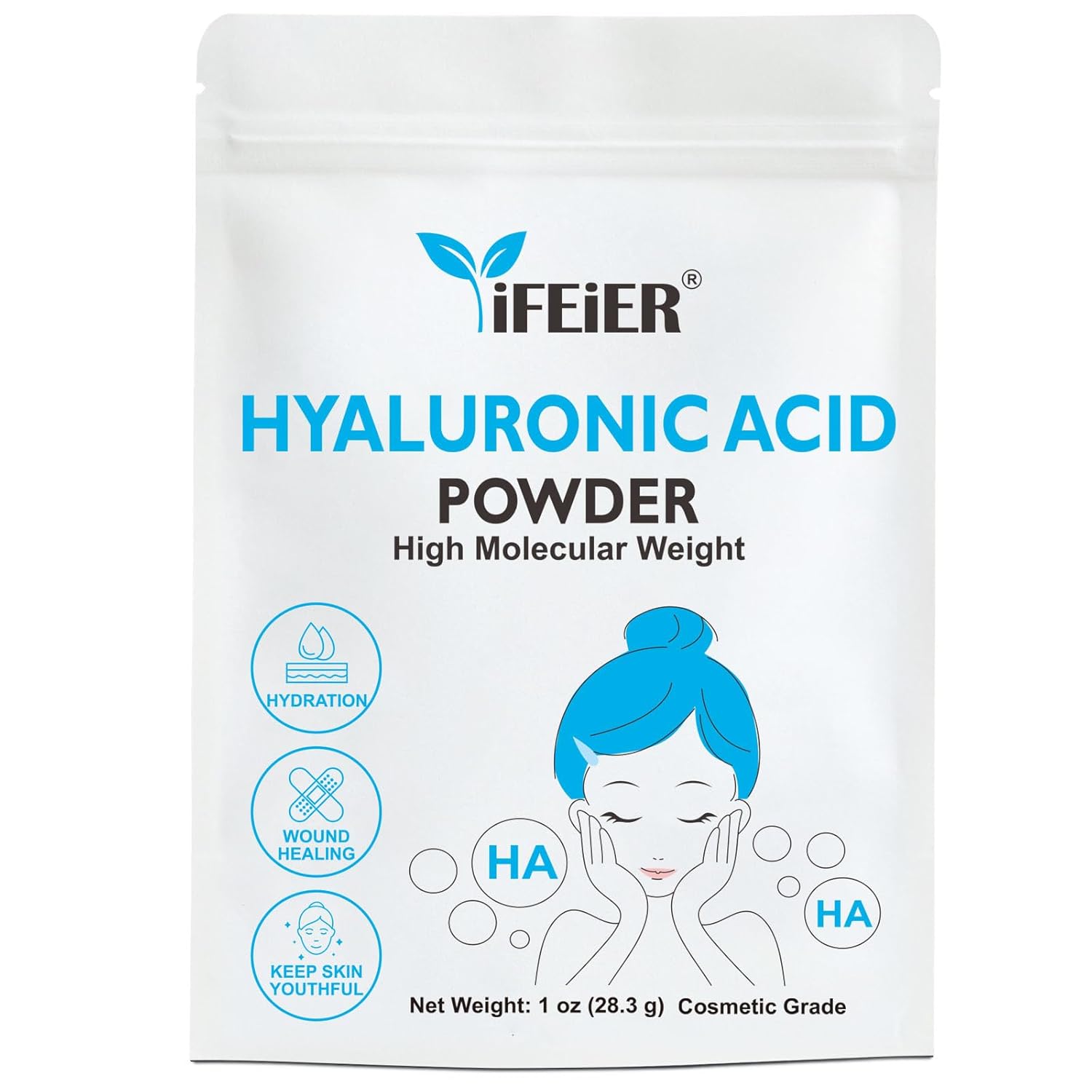 Hyaluronic Acid Powder | High Molecular Weight Hyaluronic Acid Serum Powder | 1oz(28.3g) Cosmetics Grade | Sodium Hyaluronate | LMW HMW HA ingredient to make gel for DIY Serums