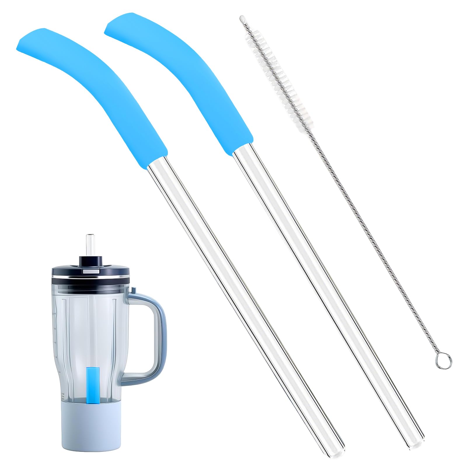 Ersatz-Strohhalm-Set für Ninja Blend Boss Mixer, 2 Wiederverwendbare Glasstrohhalme eine Reinigungsbürste, Kompatibel mit Ninja Blend Boss Reisebecher, Silikonfuß, BPA-frei