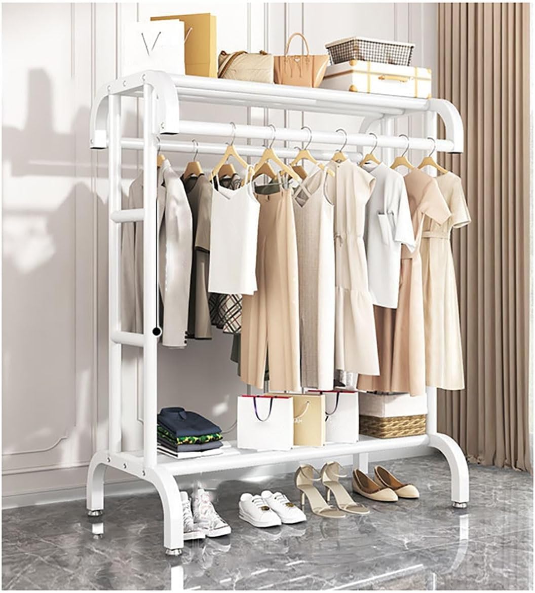 MYUYEE Metal Clothes Rack Coat Rack With Double Rails Open Wardrobe Freestanding Clothes Rail With Storage Compartment For Bedroom, Living Room(120Cm White-White)