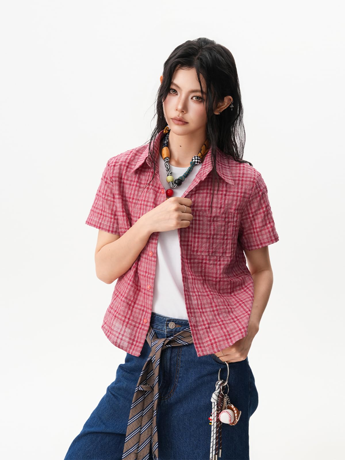 Chemise Femme à Carreaux Vintage, Manches Courtes, Slim