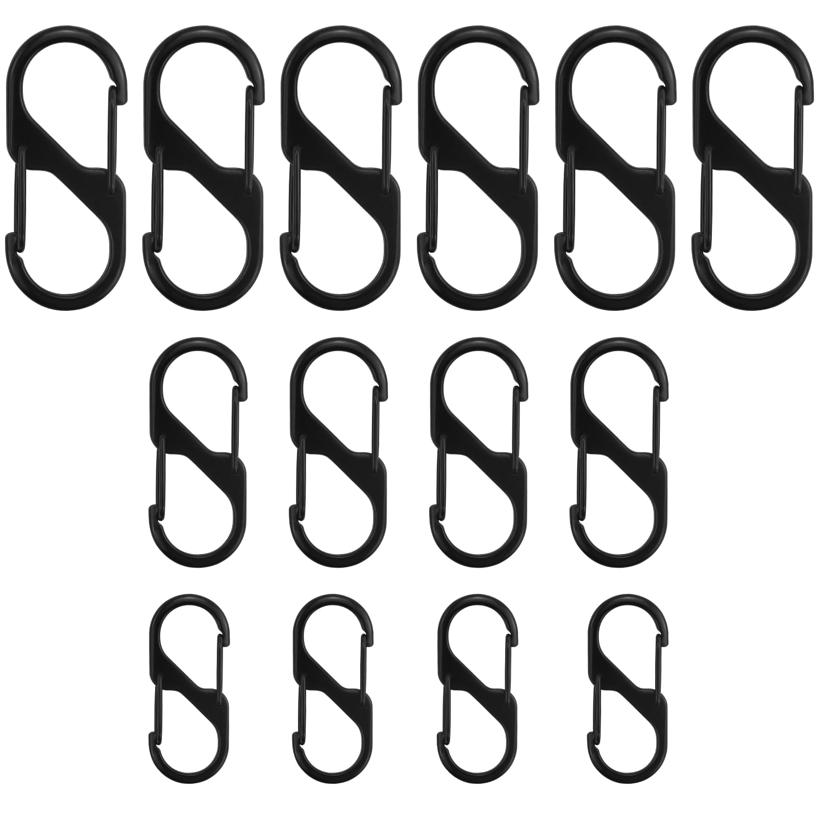14 pezzi clip portachiavi a forma di S, moschettone piccolo, mini moschettone, nero, 30/40/50 mm, per zaini, borse, tende, sacchi a pelo, valigie, portachiavi