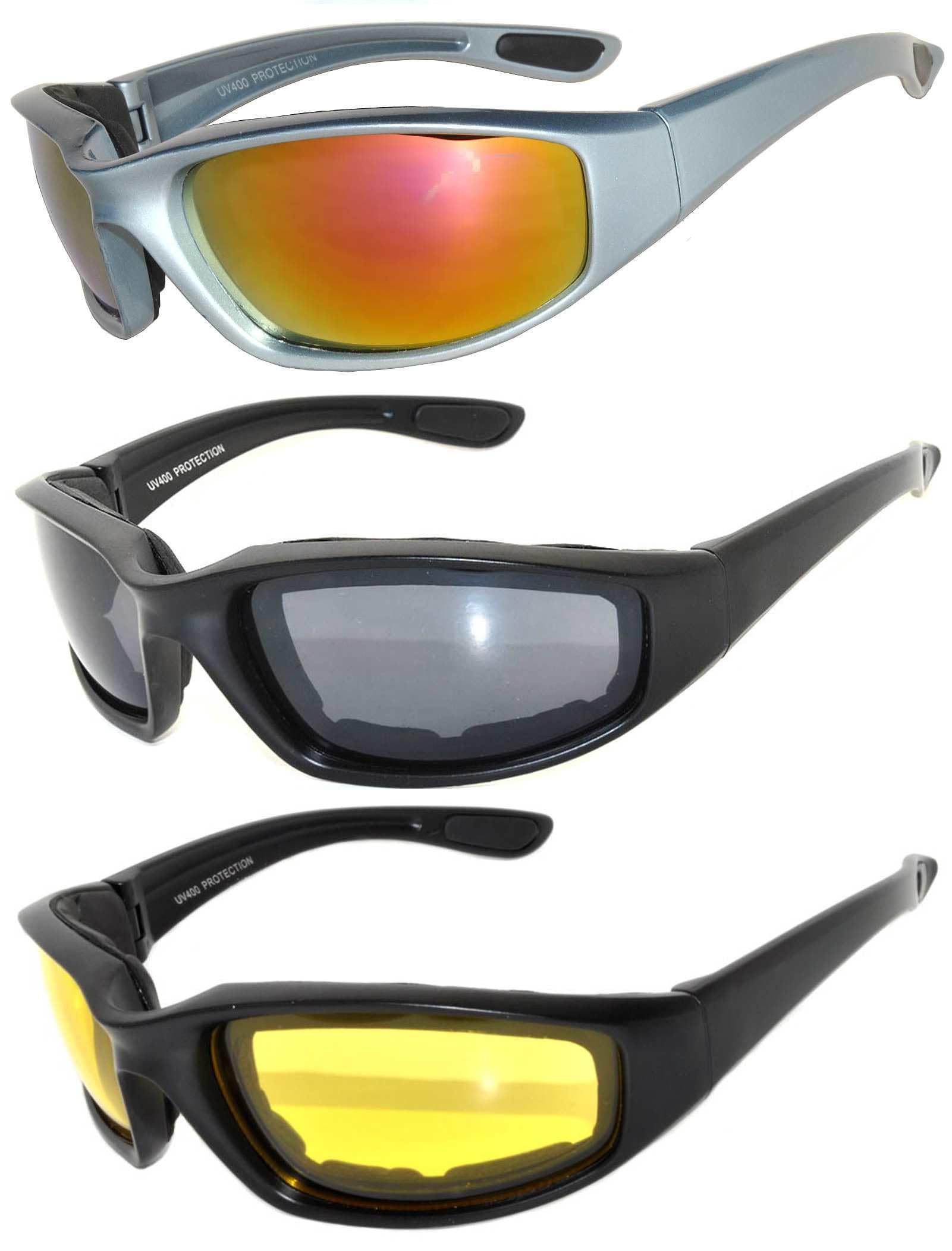 OWL Motorcycle Riding Sport Sunglasses Assorted Color Multipacks, Unisex Foam Padded Wind Blocking Glasses UV400 Protection