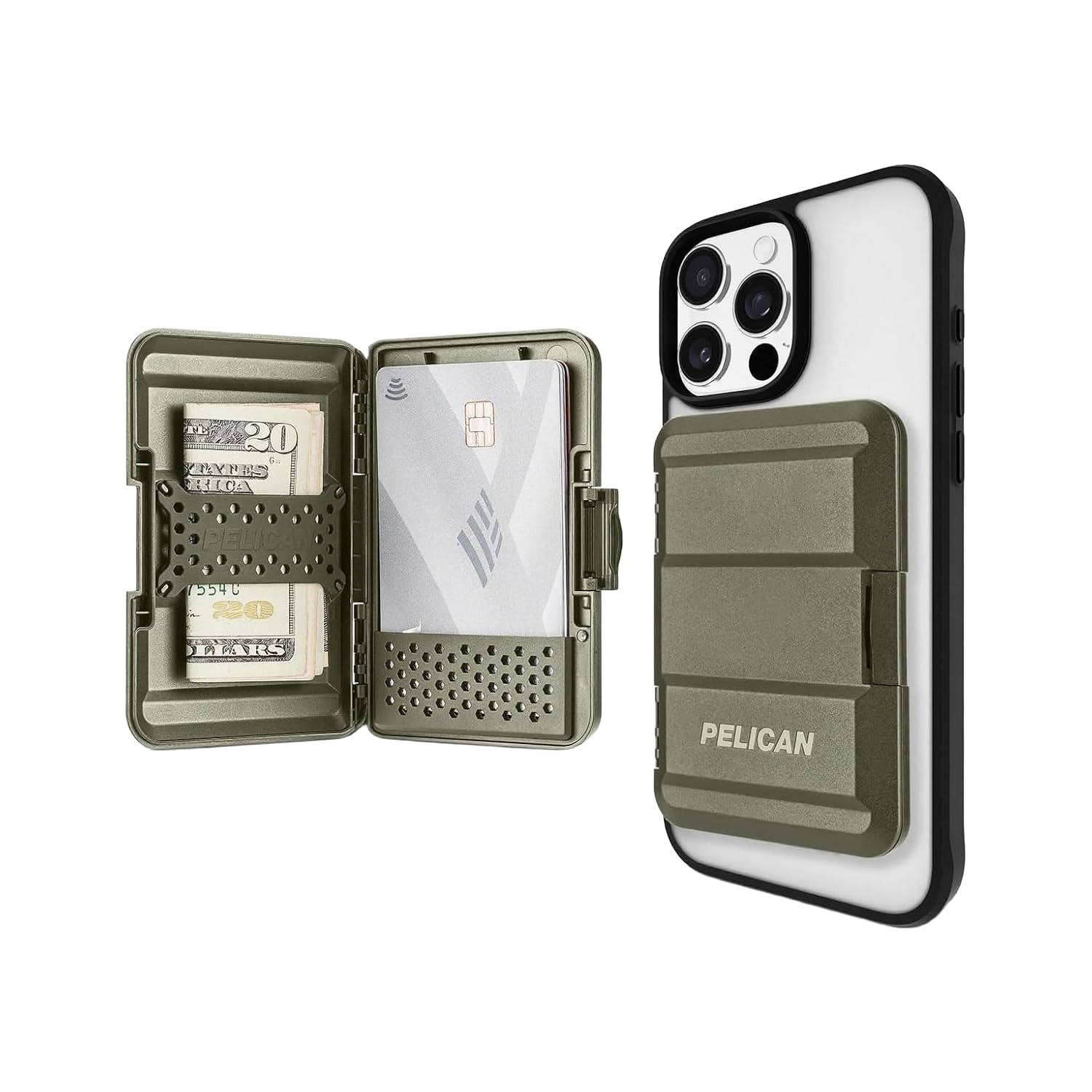 Pelican MagSafe Wallet for iPhone | Heavy Duty MIL-STD Snap-On iPhone Magnetic Wallet & Phone Card Holder | Detachable & Slim Hard Case Wallet for iPhone Pro Max 15/14/13/12 Series | OD Green