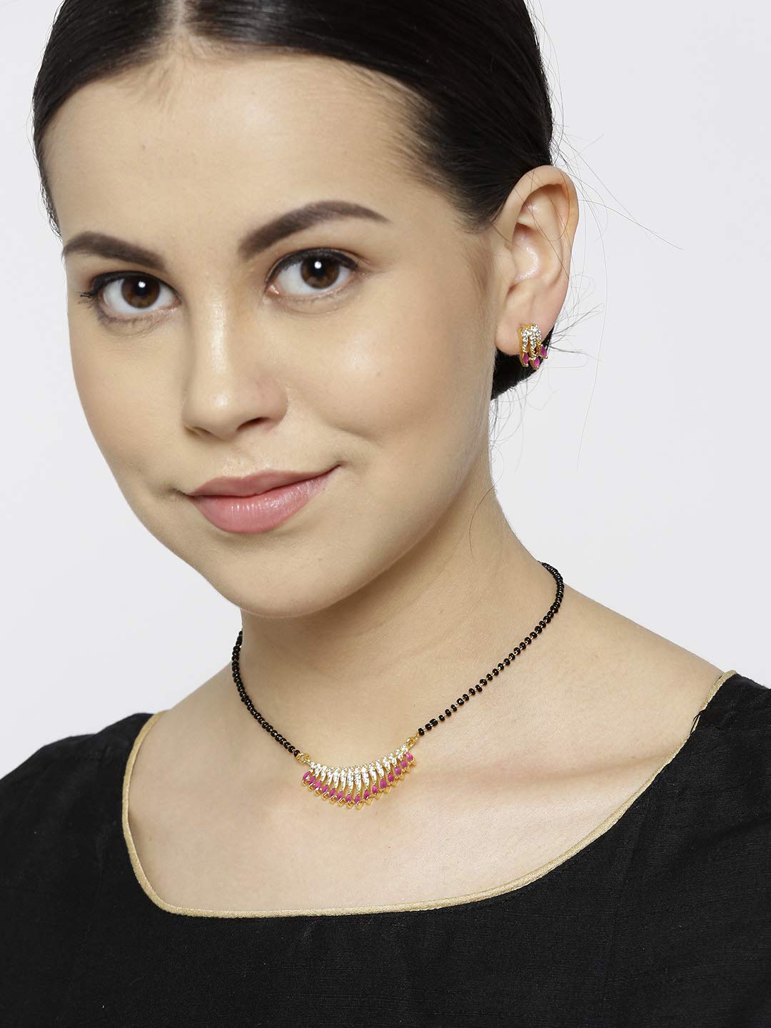 Gold-Plated American Diamond & Ruby Studded Mangalsutra Set with Earrings