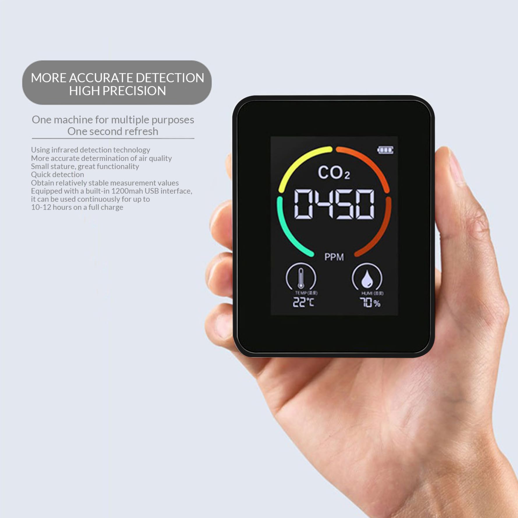 Detector de CO2, 3 en 1 con LCD Que Muestra un Monitor de Calidad del Aire portátil Muestra la Temperatura Ambiente y la Humedad para Las Carpas de Cultivo de Casas rodantes, 400-5000ppm Negro