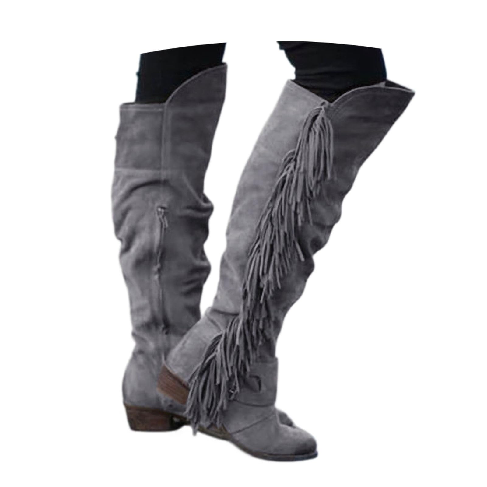 Stivali Al Ginocchio Da Donna Boots Da Cowboy Western Retrò Con Frange | Stivali Da Equitazione Casual Con Cerniera Boots Sopra Il Ginocchio In Pelle Scamosciata Scarpe Invernali