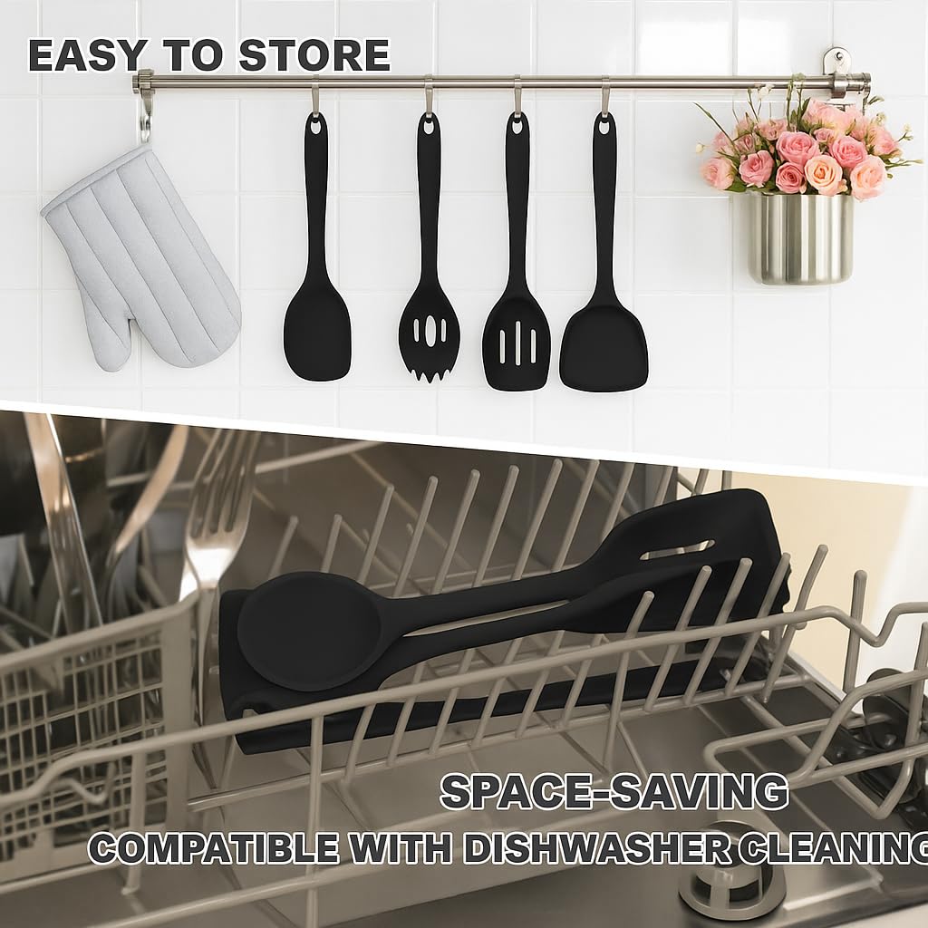 NutriChef Juego de utensilios de cocina de silicona, juego de 8 utensilios con espátula, tenedor para pasta, cuchara sólida, cuchara ranurada y soporte de herramientas, resistente al calor, seguro de