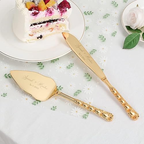 Miniatura 5 de Juego de cuchillos y servidor para pastel de boda, juego personalizado de corte de pastel dorado para boda, juego de cuchillos clásicos grabados