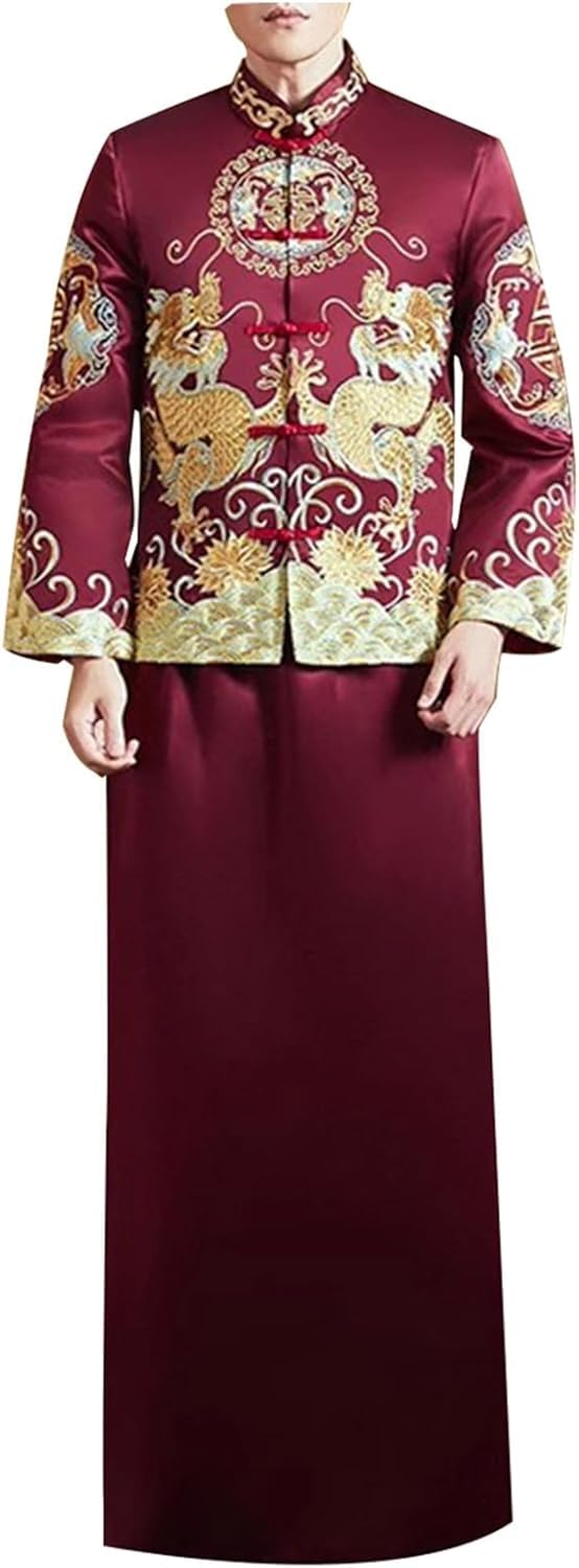 KRXSOBNV, Red Male Chinese Wedding Dress Gorgeous Embroidered Tops Qipao Traditional Suit Marriag Suit,Chinese Wedding Dress(XXL)