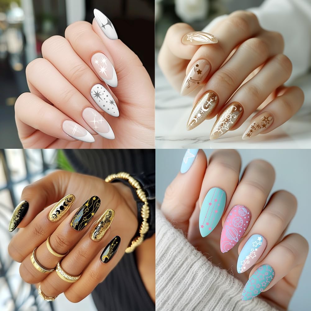 3Pcs Star Nail Stamping Plate Set Moon Planet Nail Stamping Templates French Line Tip Nail Stamp Plates Lovely Meteors Metal DIY Reusable Tools with Stamper Scraper for Manicure Printing