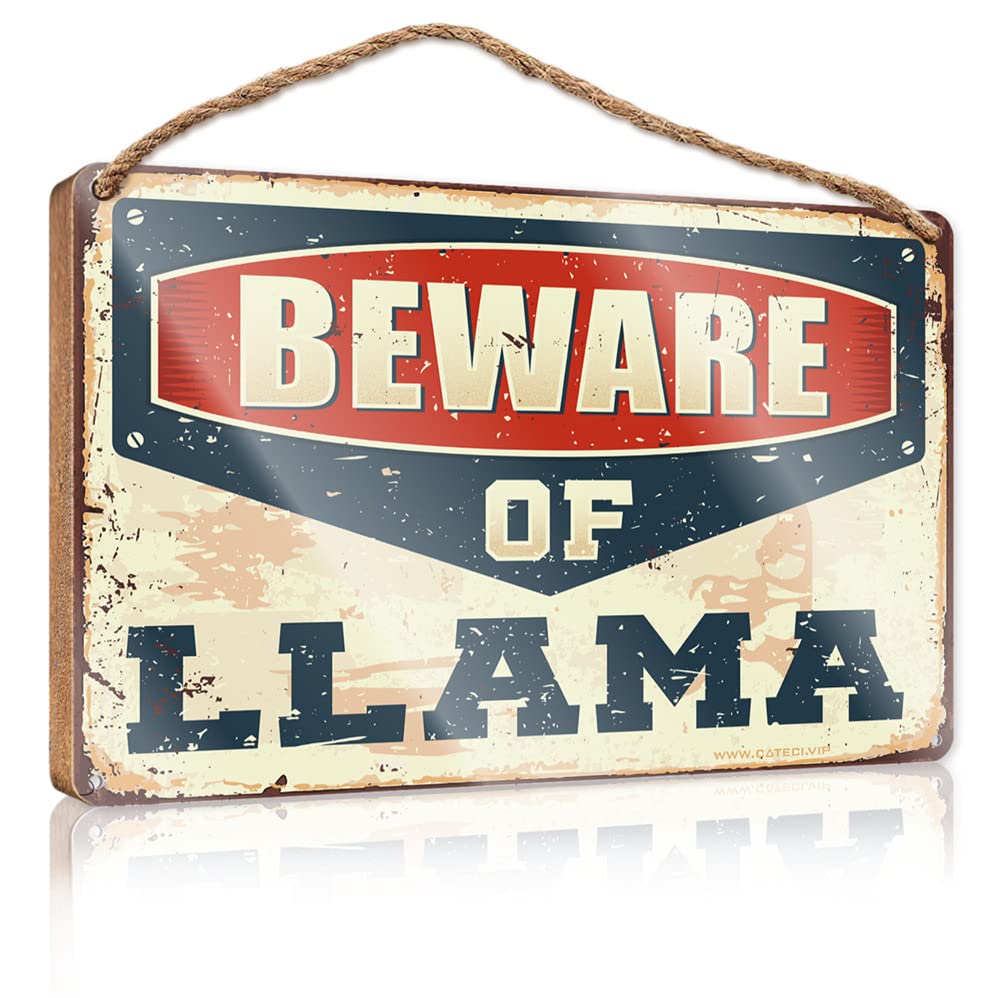 FZFN Door Sign For Bedroom Beware Of Llama Wooden Sign Wall Hanging Decor Sayings Farmhouse Bathroom Sign(20X30CM)