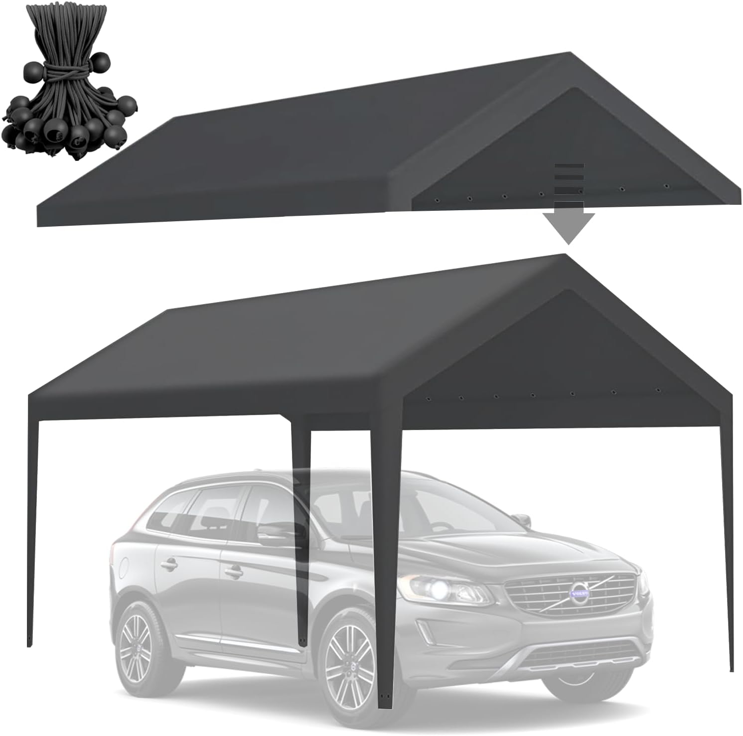 10x20 Carport Canopy Replacement Cover, 220g Heavy Duty Car Canopy Garage Tent Top Cover with Fabric Leg Pole Skirts and Ball Bungees (Frame is not Included) (Grey)