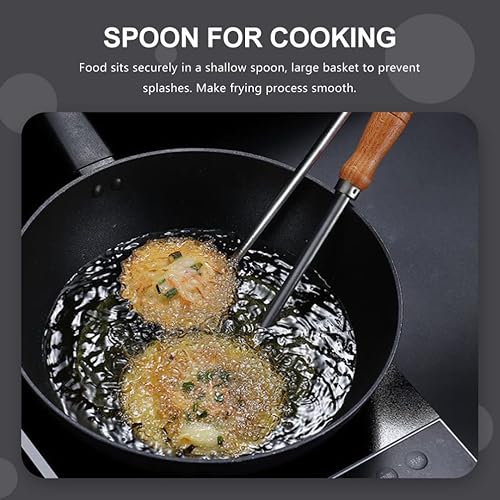 Miniatura 9 de Cuchara redonda plana para freír molde redondo de acero inoxidable con mango de madera y roseta, tamaño L