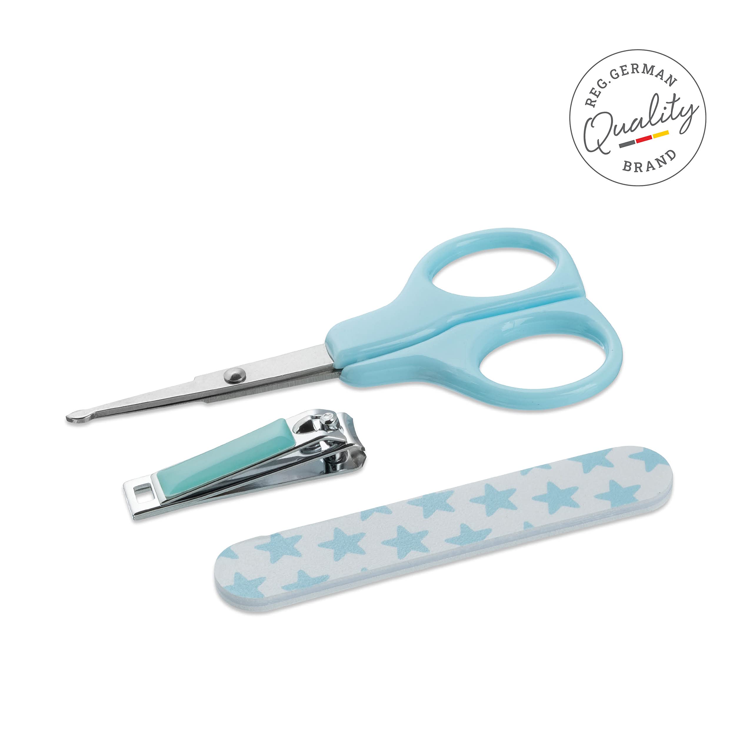 TITANIA Baby Maniküre Set (3-tlg.) • Baby Nagelschere, Baby Nagelknipser & Baby Nagelfeile • Baby Ausstattung • Baby Nagelpflegeset • Pflegeset für Kleinkinder • Babypflege-Set Blau