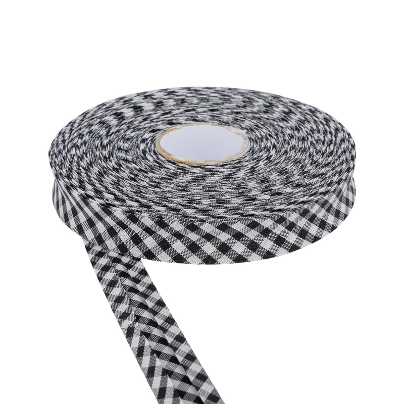 18mm Wide Cotton Gingham Bias Binding Tape 5m & 25m Available - White, Double Folded, Edging for Sewing, Bunting, Craft, Upholstery, Piping & Garments (Black, 5m) -Craft Queen LTD